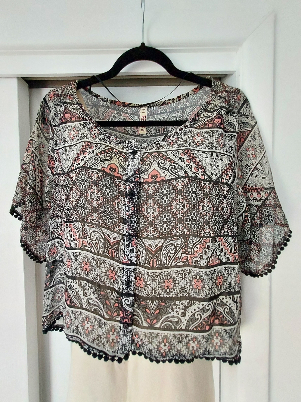 Mudd Black and Pink Paisley Pom-Trim Button Front Blouse